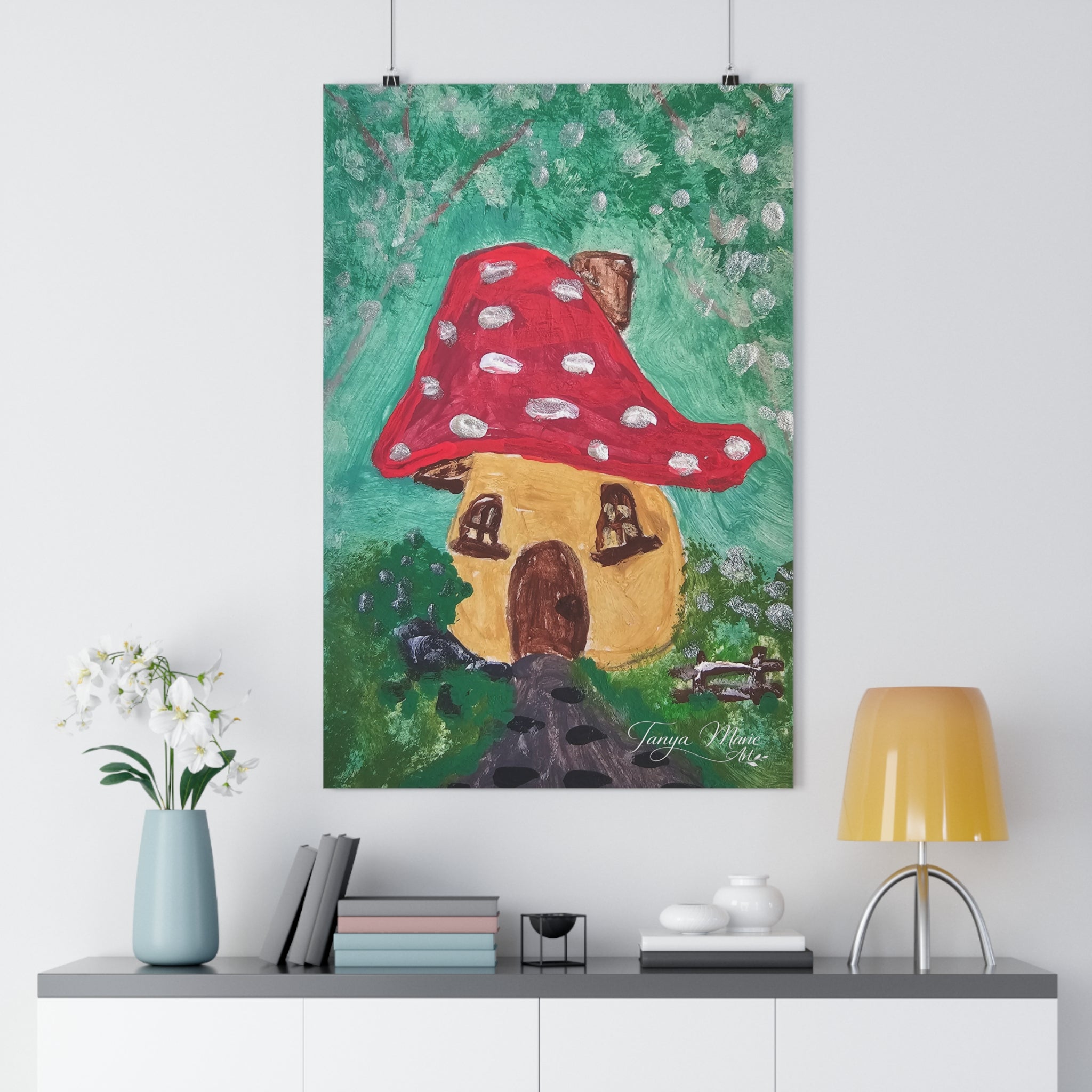 Mushroom cottage wall art print showing red polka-dot mushroom house, full centered view