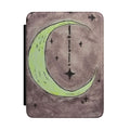 Purple e-reader case with lime crescent moon and star pattern, soft fold cover