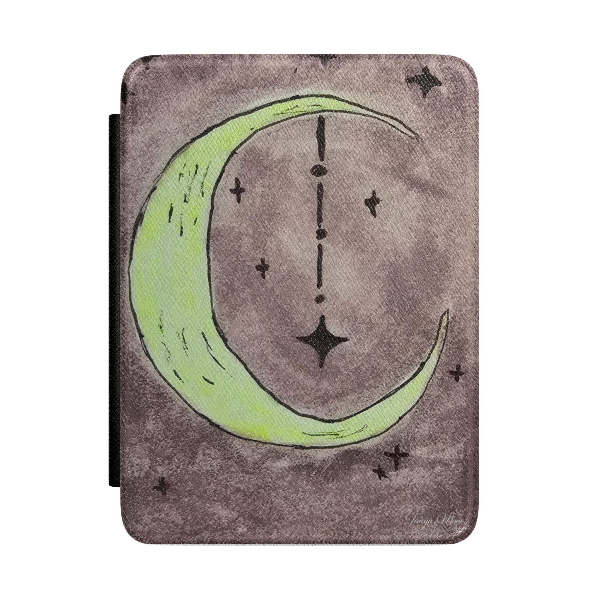 Purple e-reader case with lime crescent moon and star pattern, soft fold cover