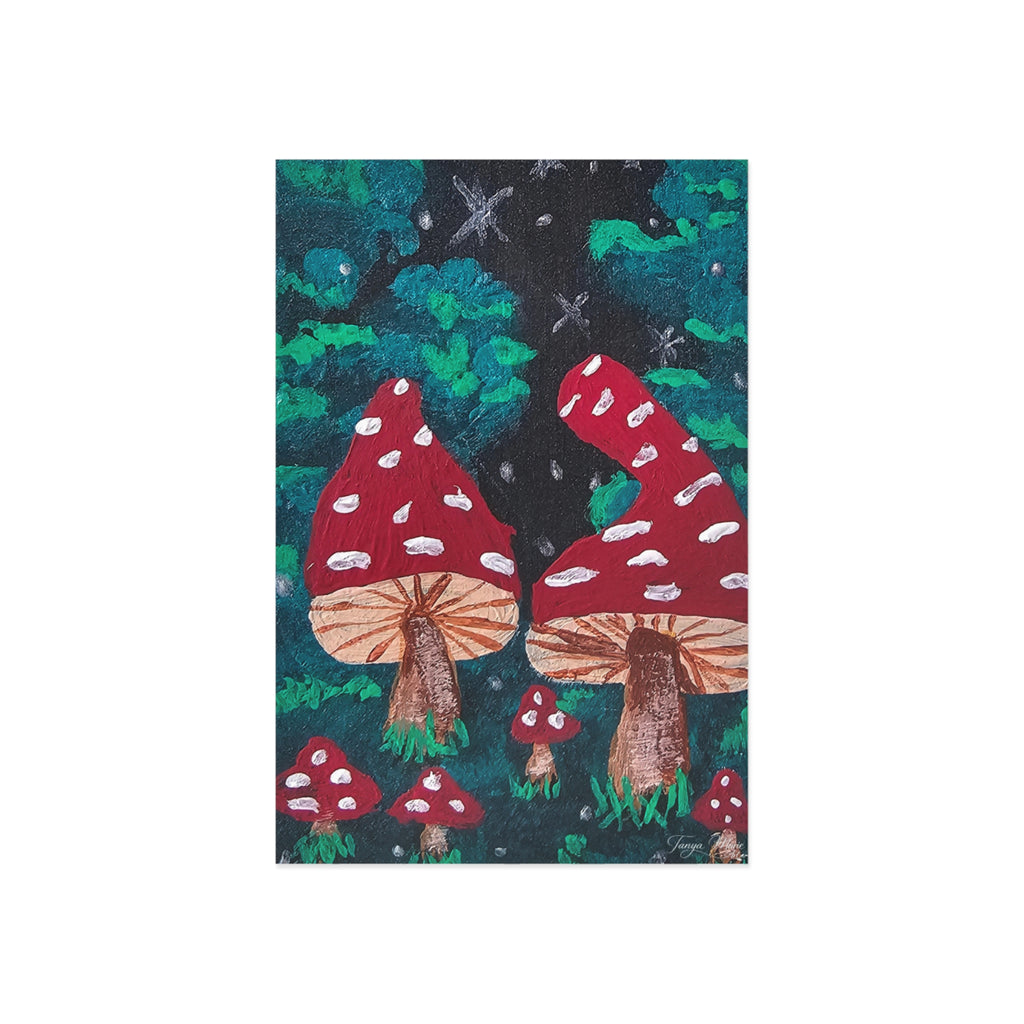 Vertical mushroom forest postcard with red amanita mushrooms on dark green artwork