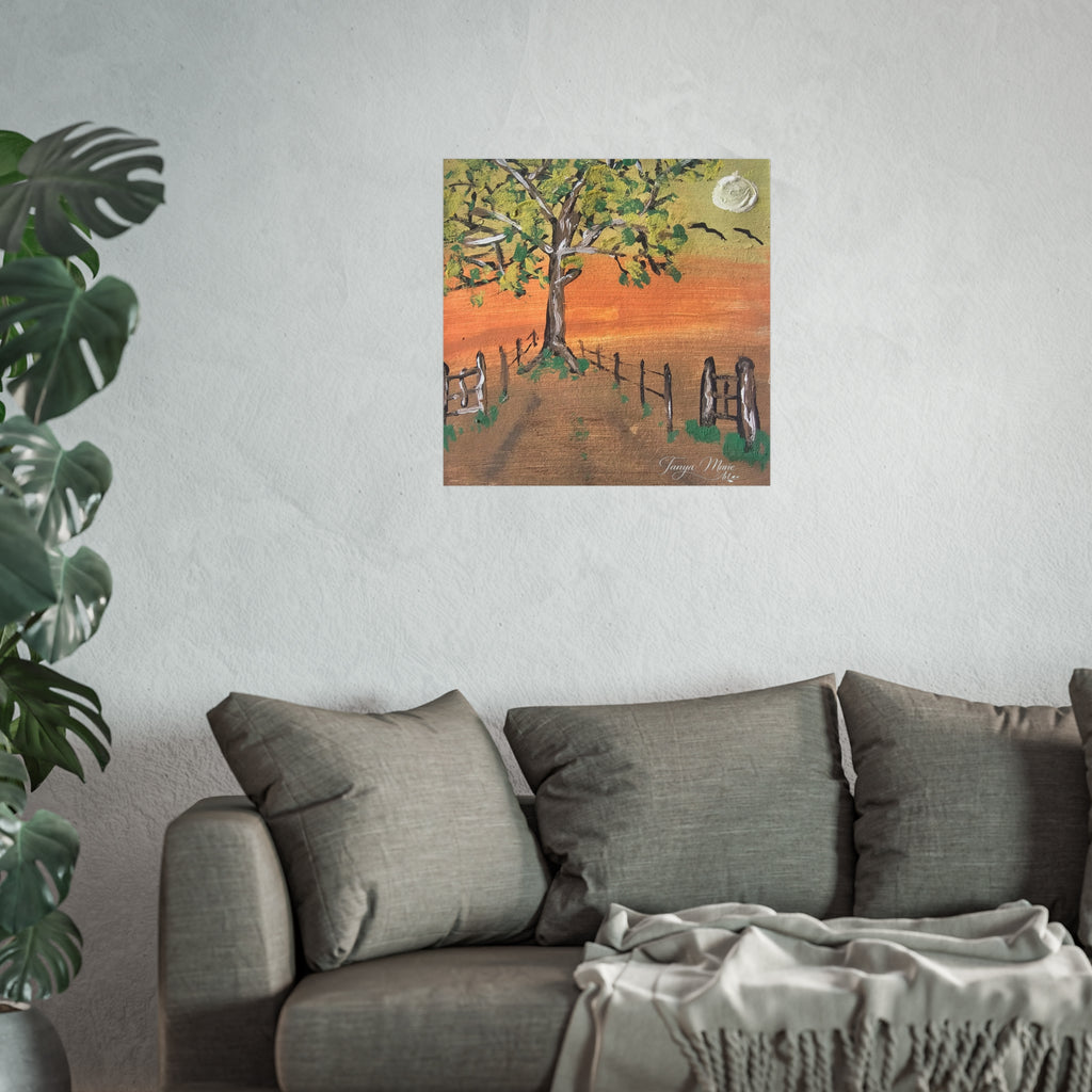 Sunset Path Fine Art Poster — Tree, Fence & Moon Landscape Print