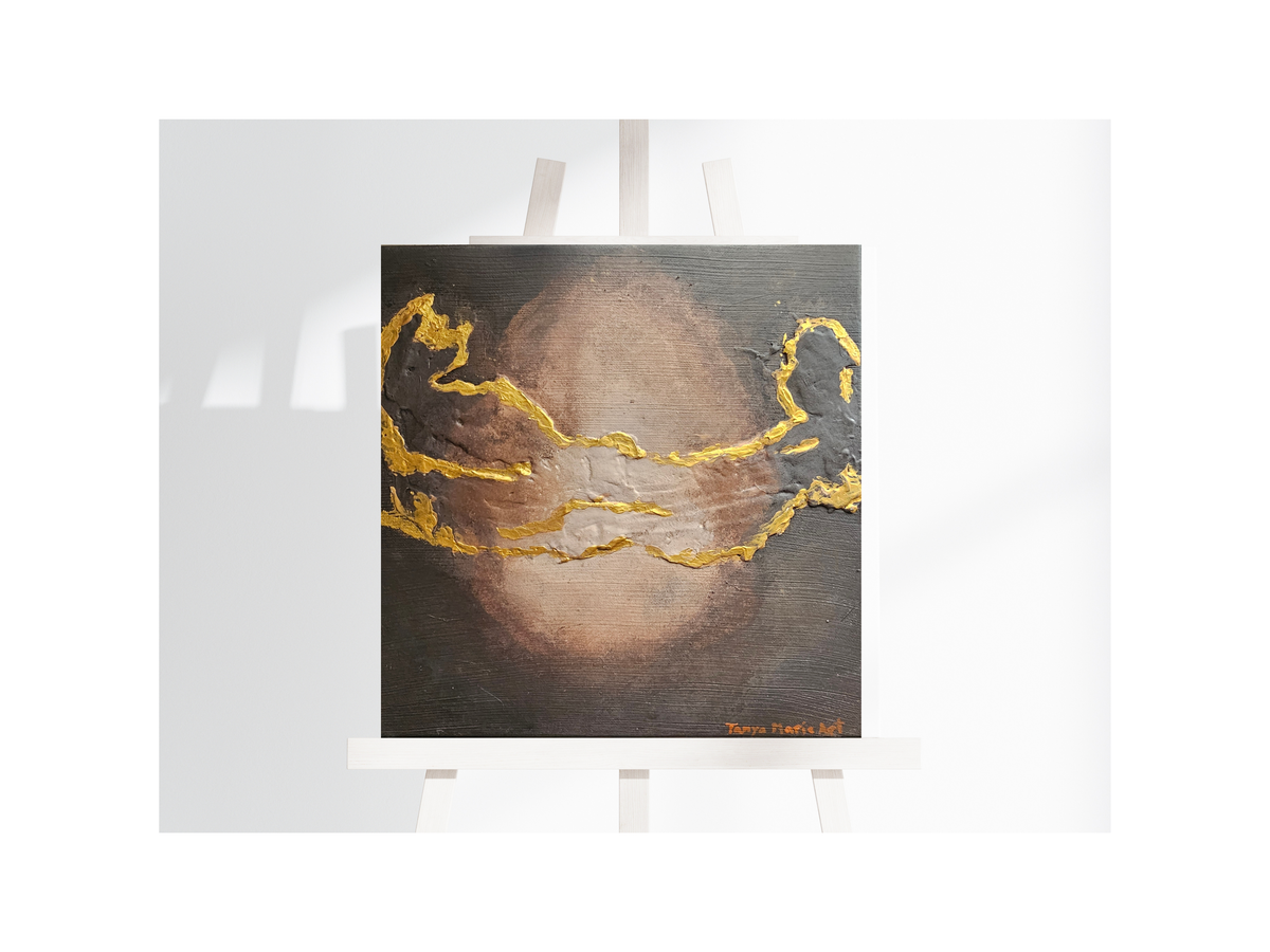 Brown and gold textured abstract acrylic painting with metallic wave lines
