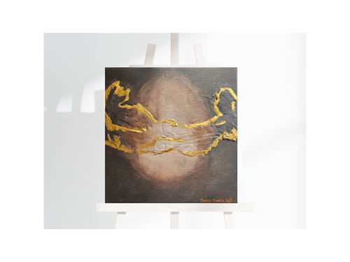 Brown and gold textured abstract acrylic painting with metallic wave lines