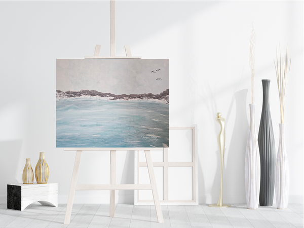 Blue and gray ocean seascape acrylic original painting on wooden easel