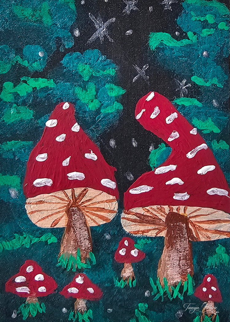 Red-and-white spotted toadstools digital art print with green grass on dark backdrop