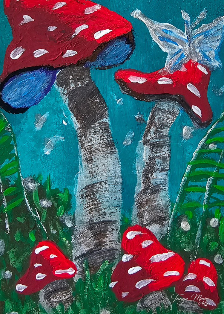 Red and white spotted toadstools with gray stems in teal fantasy artwork