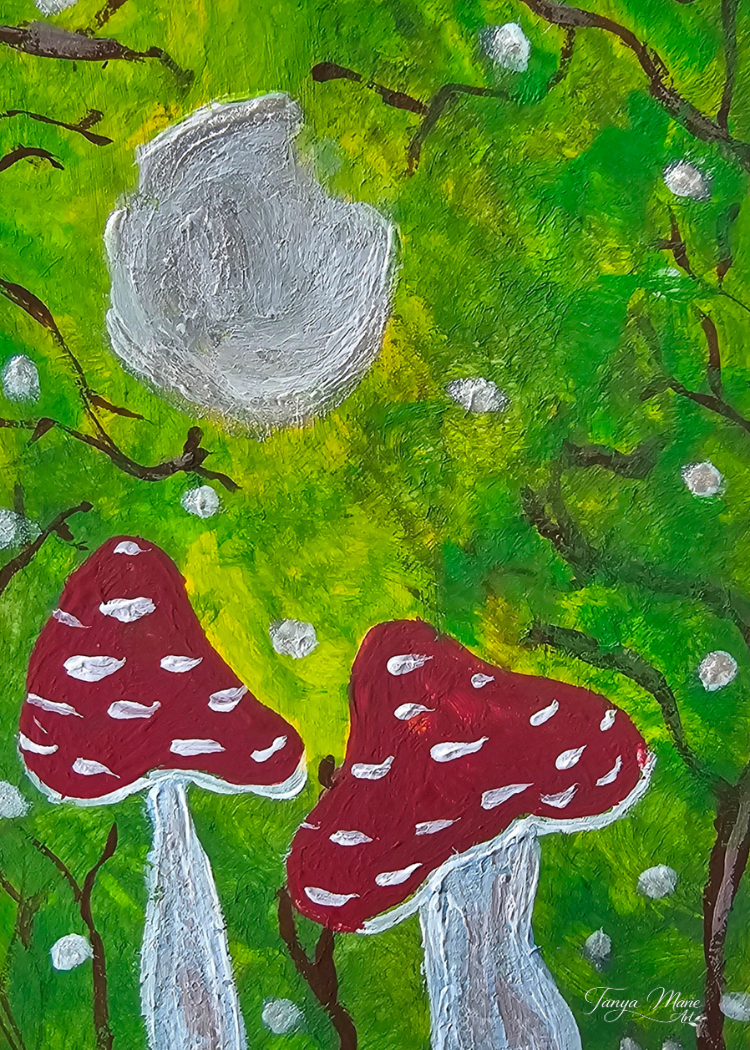 Digital art print download of red and gray toadstools on green, with small white spots