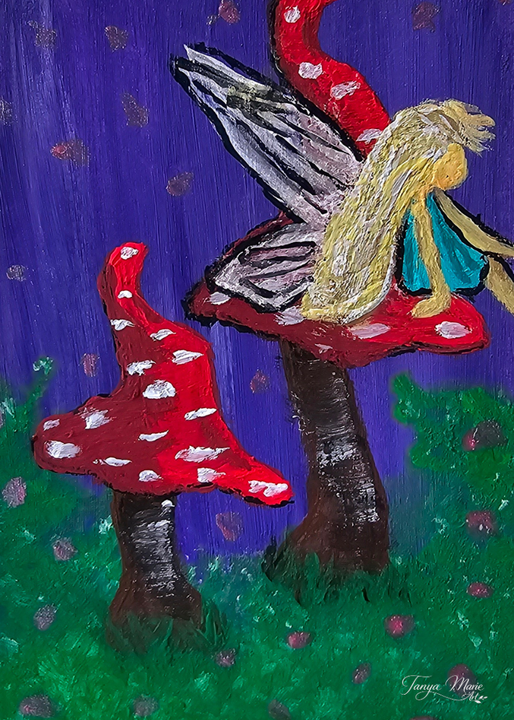 Colorful digital art print of fairy with wings on red spotted mushroom