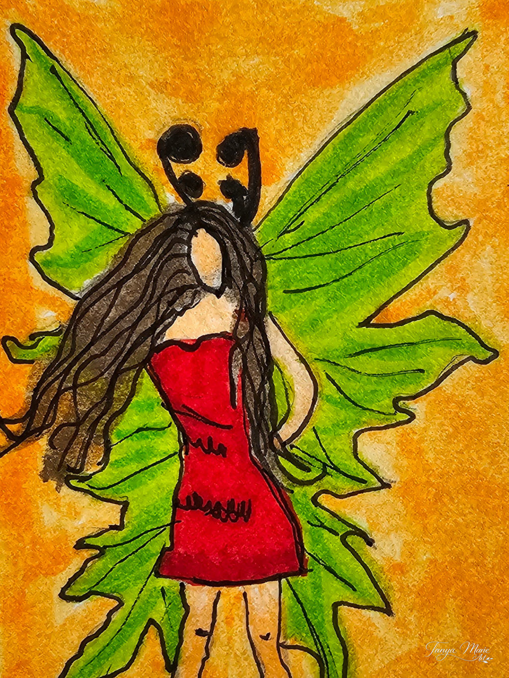 Red-dressed fairy digital art print with green wings and black curly hair