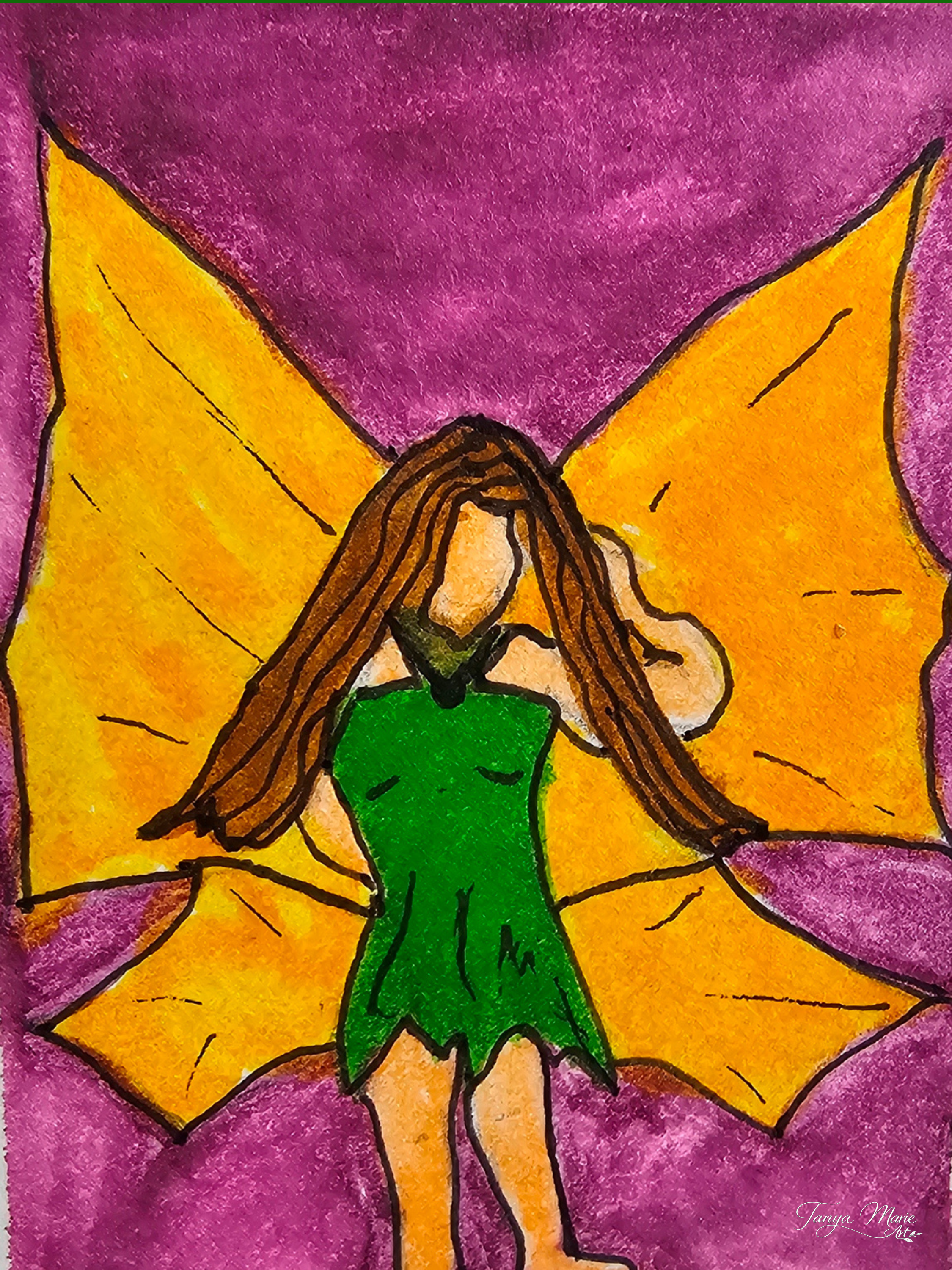 Digital art print of a green fairy with gold wings