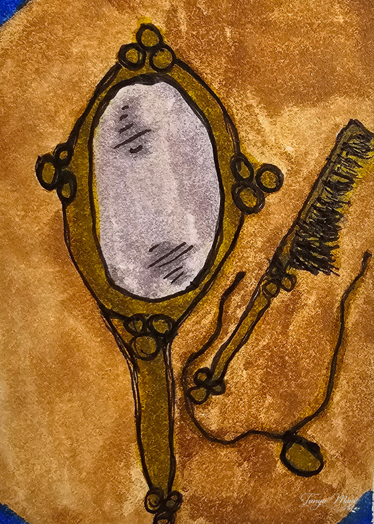 Ornate oval mirror digital art print with stylized cat face