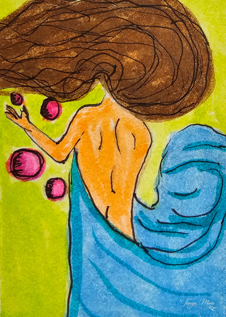 Art print of smiling blue-hooded witch with orange face, brown hair, pink spots