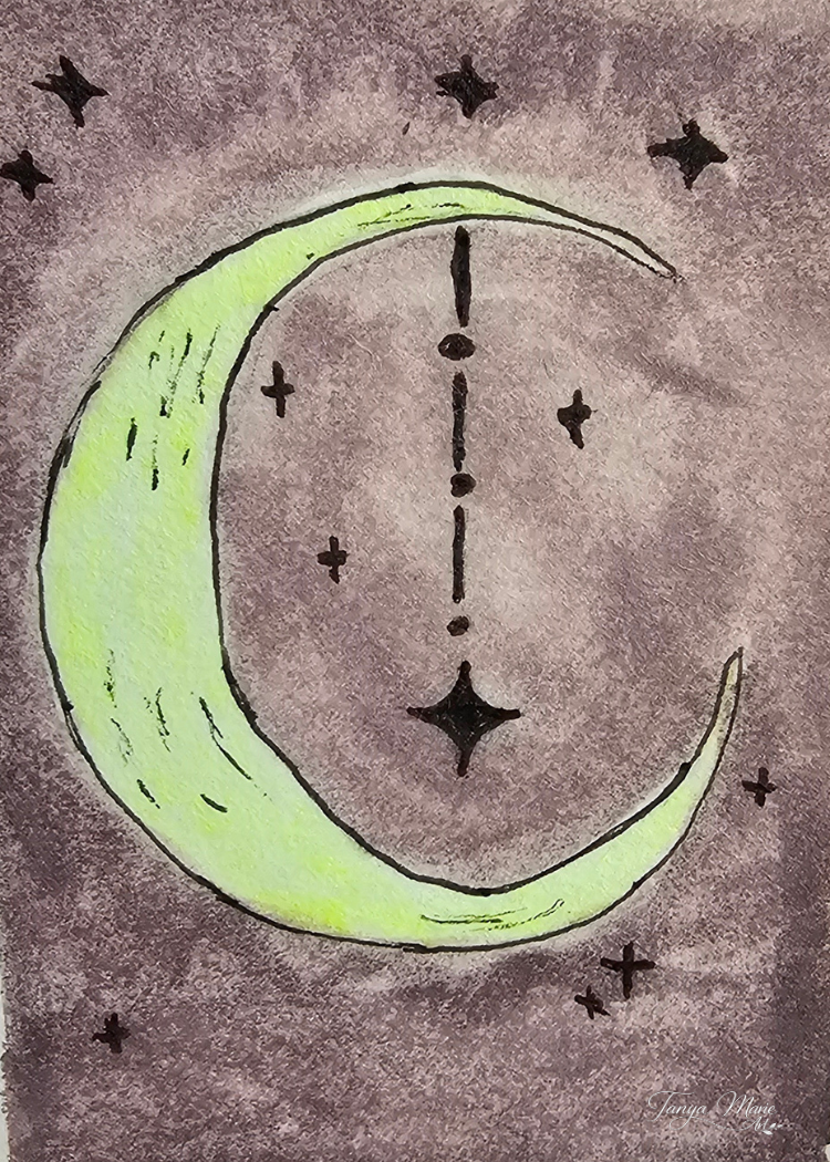 Crescent moon watercolor-style digital art with green arc, exclamation mark symbols, stars